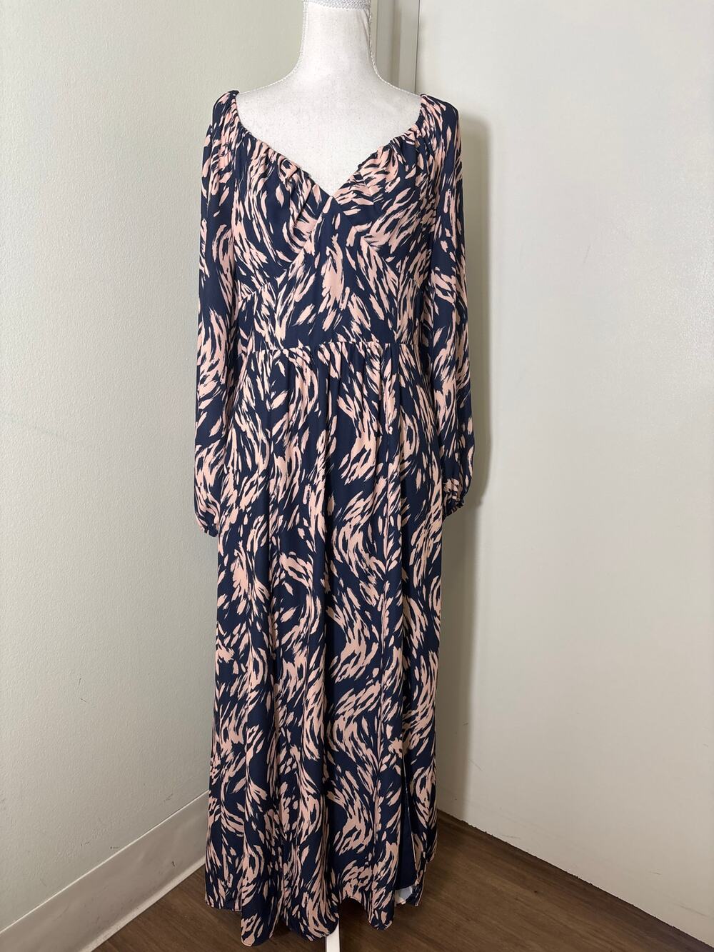 Ali & Jay Navy and Pink Long Sleeve V-Neck Maxi Dress Sz L